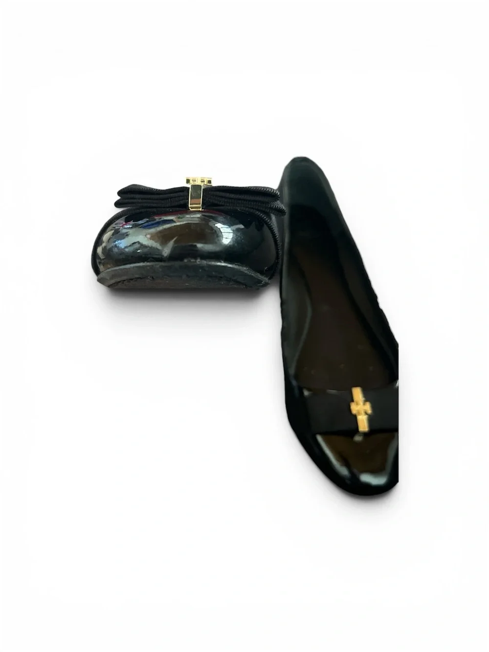 Tory Burch Black Patent Leather Ballet Flats with Gold Logo